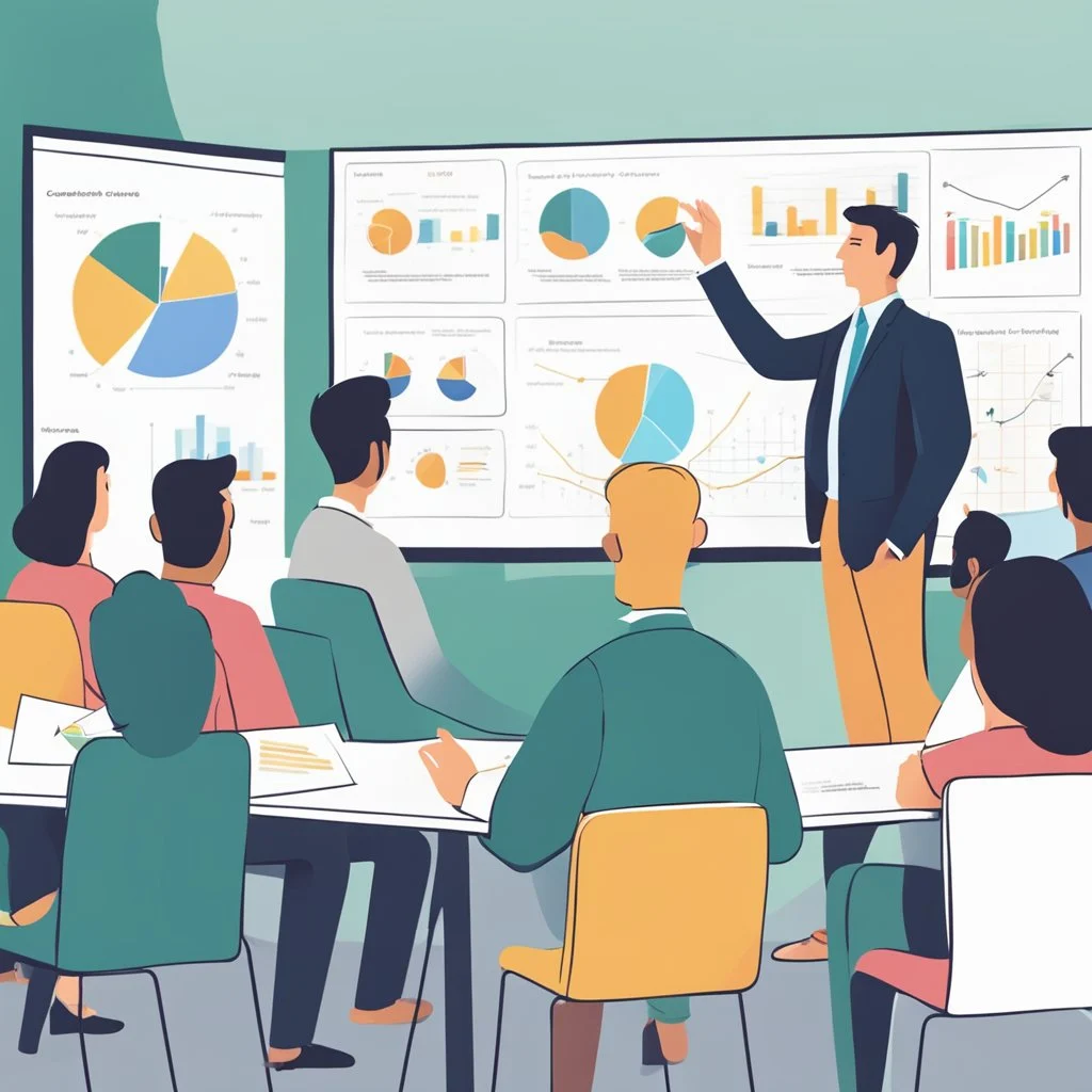 10 Most Profitable Coaching Business Models to Start a Coaching Business 6 A successful coach standing in front of a whiteboard filled with charts and diagrams, confidently presenting their coaching business model to a group of engaged clients